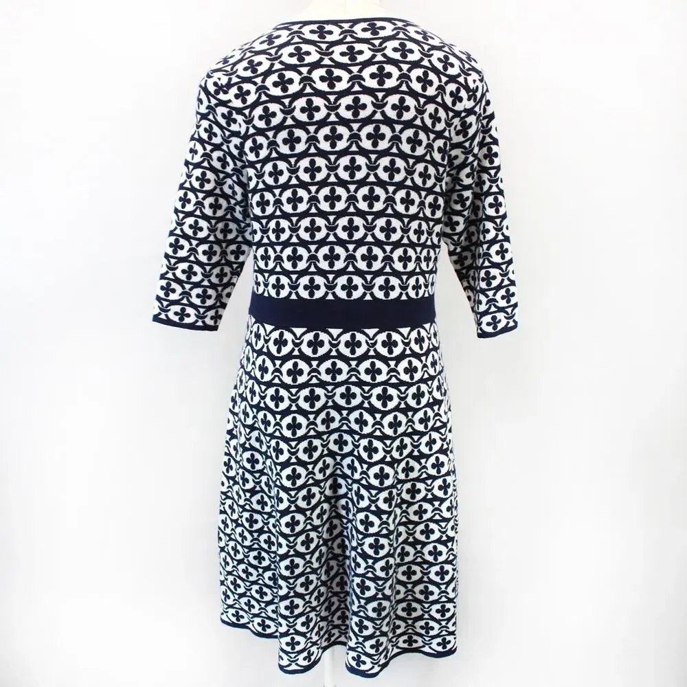 Boden Knit A-Line Dress Baroque-inspired Print V-Neck Soft Old Money Size 18